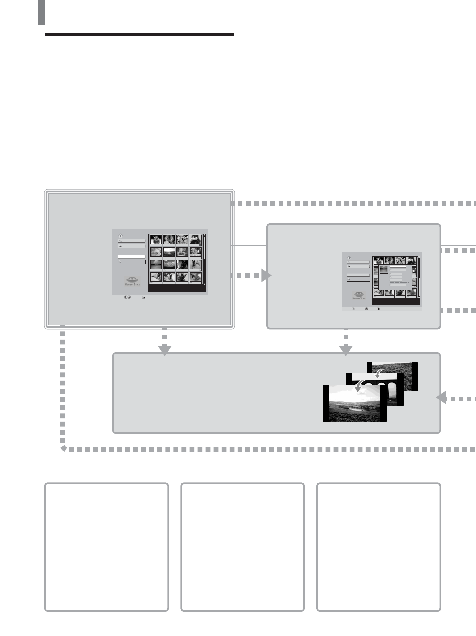 Features of the memory stick home, Select a thumbnail and view a digital photo, View digital photos in order “slide show | Delete unwanted digital photos and movies “delete, Viewing photos (see page 60), Playing “slide show” (see page 59) | Sony KLV-21SG2 User Manual | Page 54 / 80