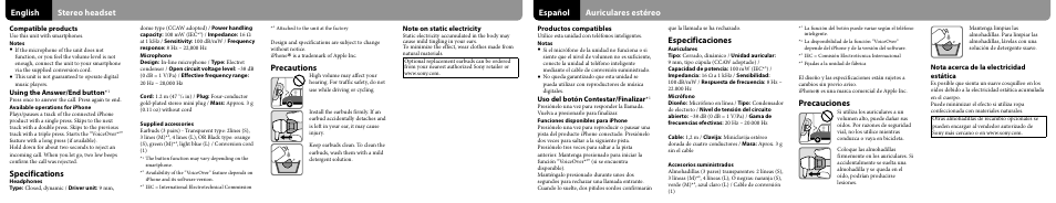 English stereo headset, Precautions, Specifications | Español auriculares estéreo, Especificaciones, Precauciones | Sony DR-EX14VP User Manual | Page 2 / 2