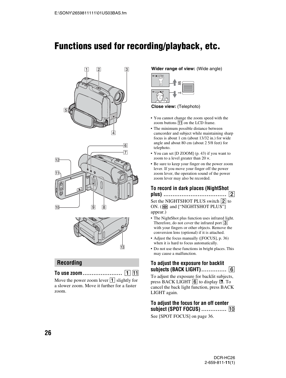 Functions used for recording/playback, etc, Recording, To use zoom 1 qa | To record in dark places (nightshot plus) 2, P. 26) | Sony DCR-HC26 User Manual | Page 26 / 92