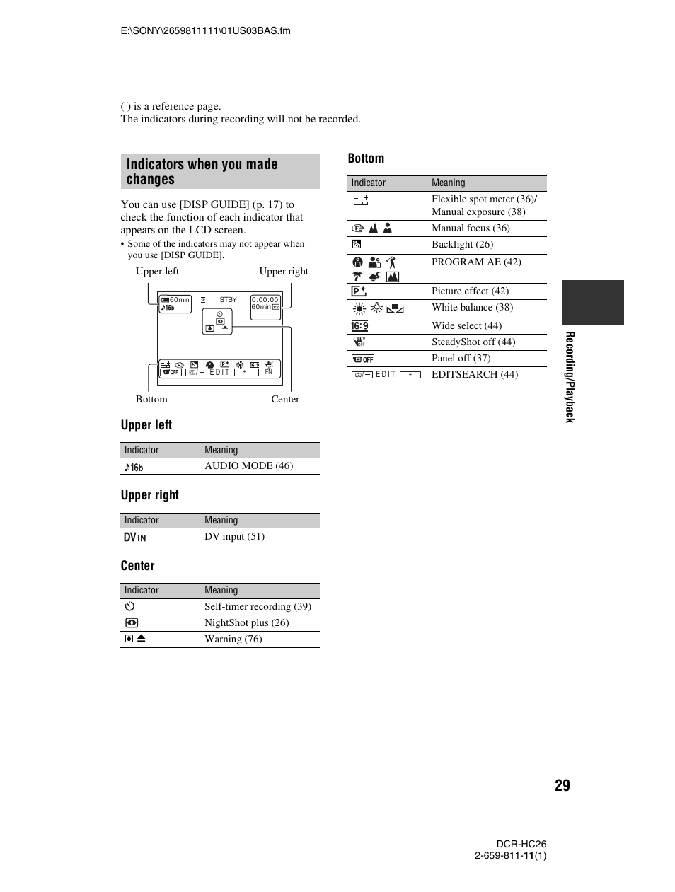 P. 29), Indicators when you made changes, Upper left upper right center bottom | Sony DCR-HC26 User Manual | Page 29 / 92
