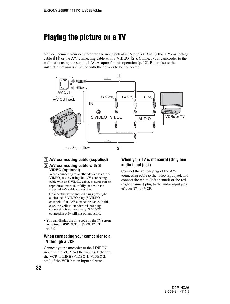 Playing the picture on a tv, P. 32, 49 | Sony DCR-HC26 User Manual | Page 32 / 92