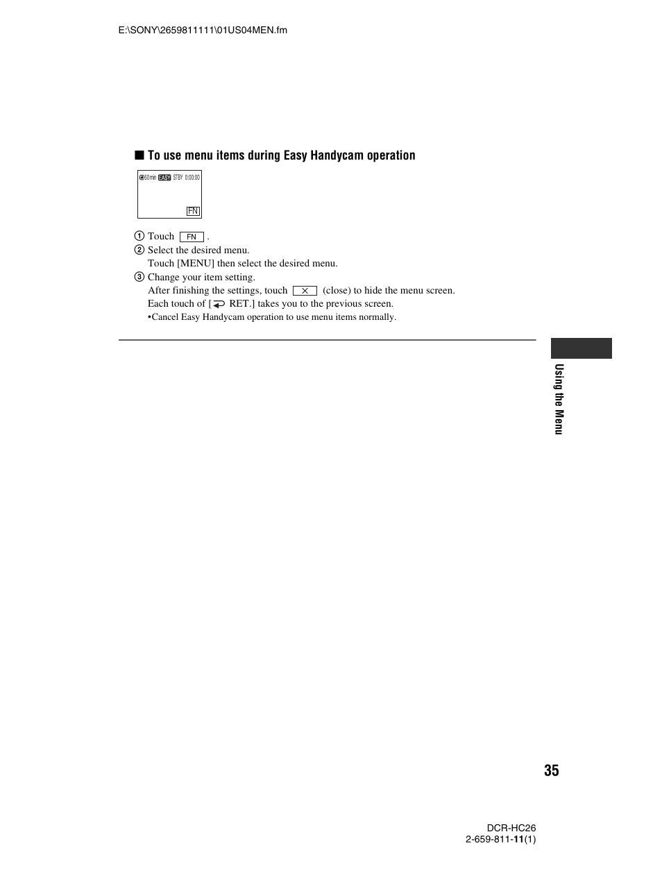 Xto use menu items during easy handycam operation | Sony DCR-HC26 User Manual | Page 35 / 92