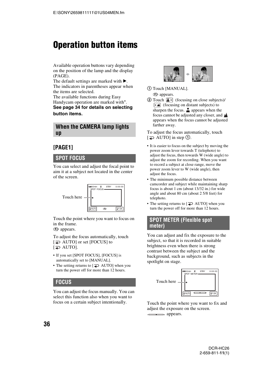 Operation button items, Page1, When the camera lamp lights up | Spot focus focus, Spot meter (flexible spot meter) | Sony DCR-HC26 User Manual | Page 36 / 92
