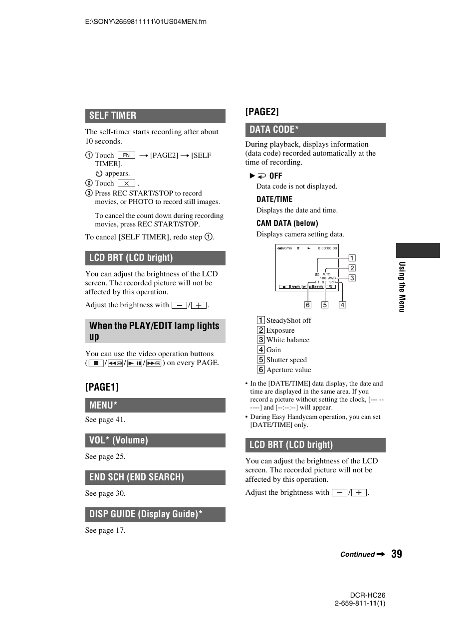 P. 39, Page1, Page2 | When the play/edit lamp lights up, Self timer lcd brt (lcd bright) | Sony DCR-HC26 User Manual | Page 39 / 92