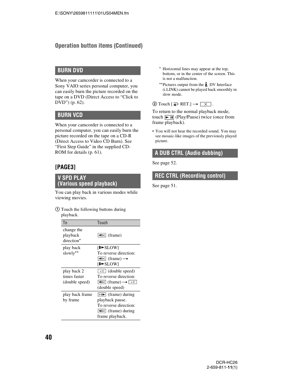 Page3, Operation button items (continued) | Sony DCR-HC26 User Manual | Page 40 / 92