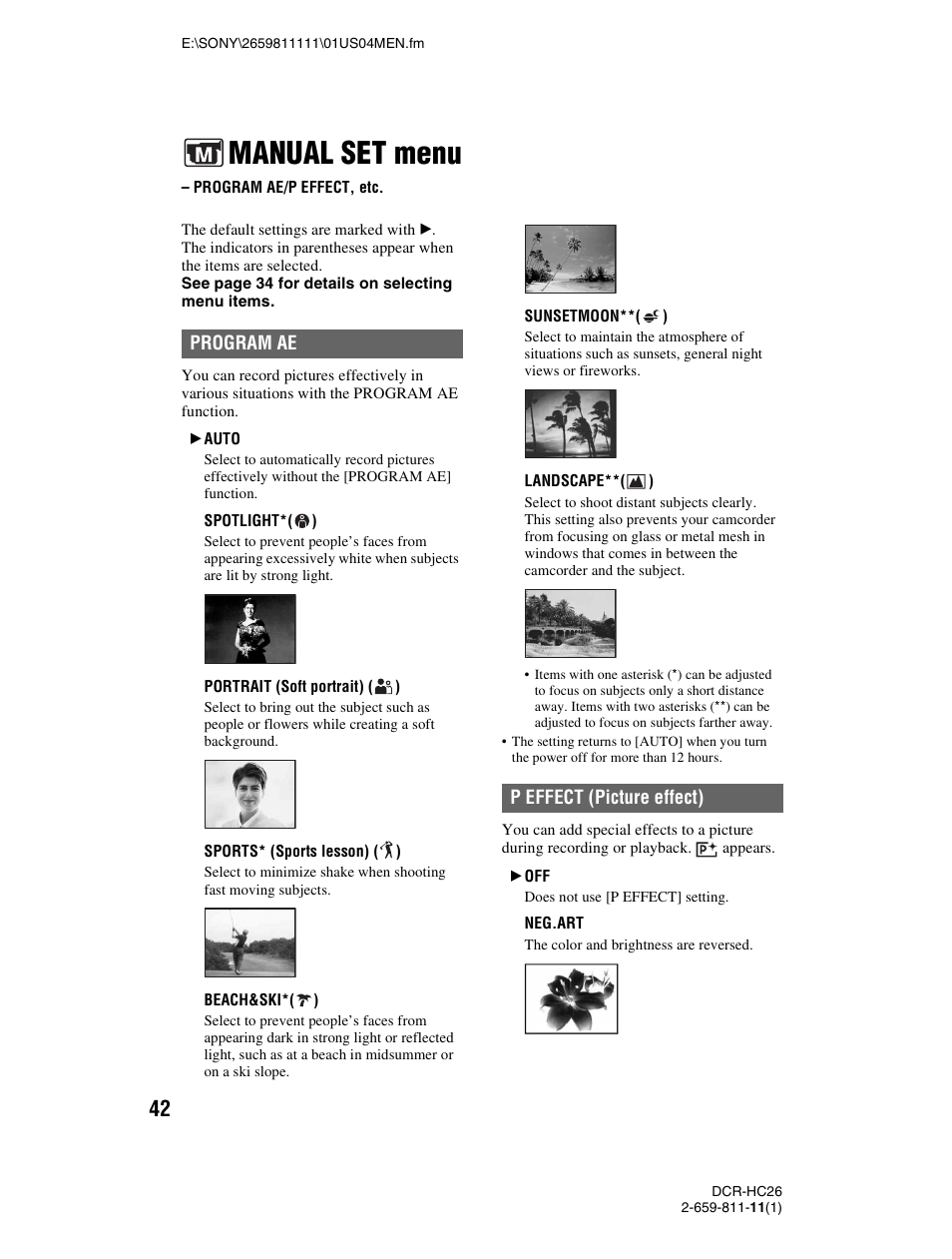 Manual set menu, Program ae/p effect, etc, P. 42) | Sony DCR-HC26 User Manual | Page 42 / 92