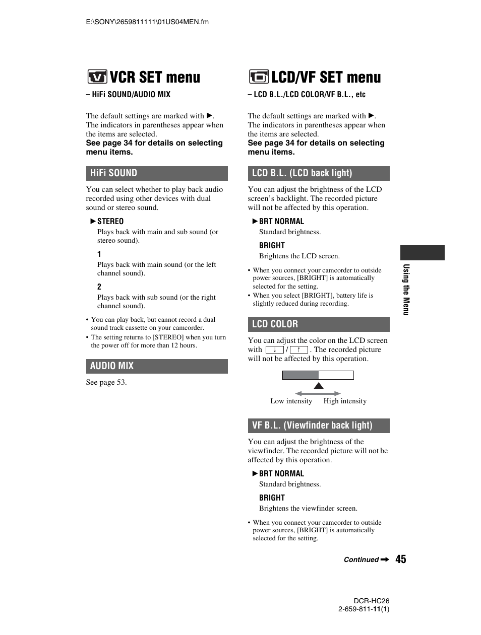 Vcr set menu, Hifi sound/audio mix, Lcd/vf set menu | Lcd b.l./lcd color/vf b.l., etc, P. 45) | Sony DCR-HC26 User Manual | Page 45 / 92