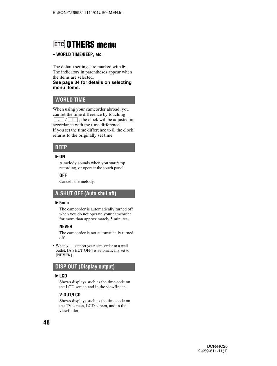 Others menu, World time/beep, etc, P. 48) | Sony DCR-HC26 User Manual | Page 48 / 92