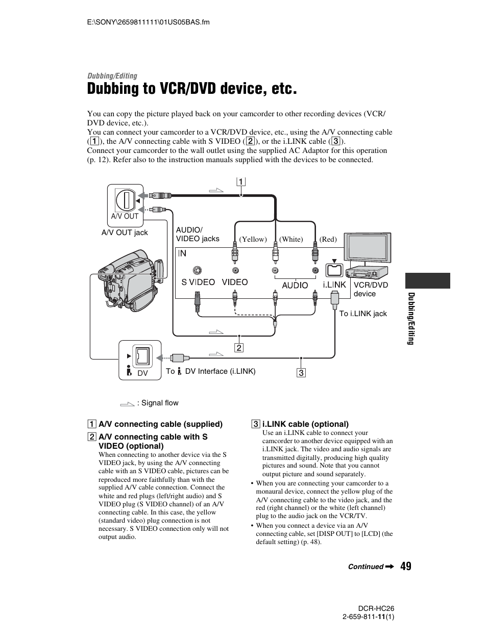 Dubbing/editing, Dubbing to vcr/dvd device, etc | Sony DCR-HC26 User Manual | Page 49 / 92