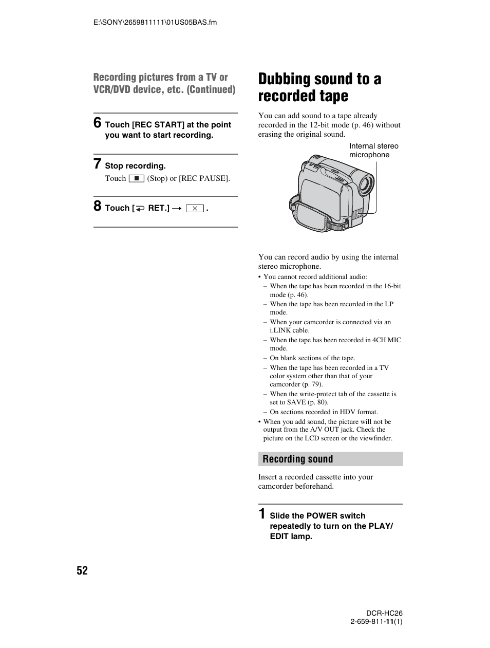 Dubbing sound to a recorded tape | Sony DCR-HC26 User Manual | Page 52 / 92
