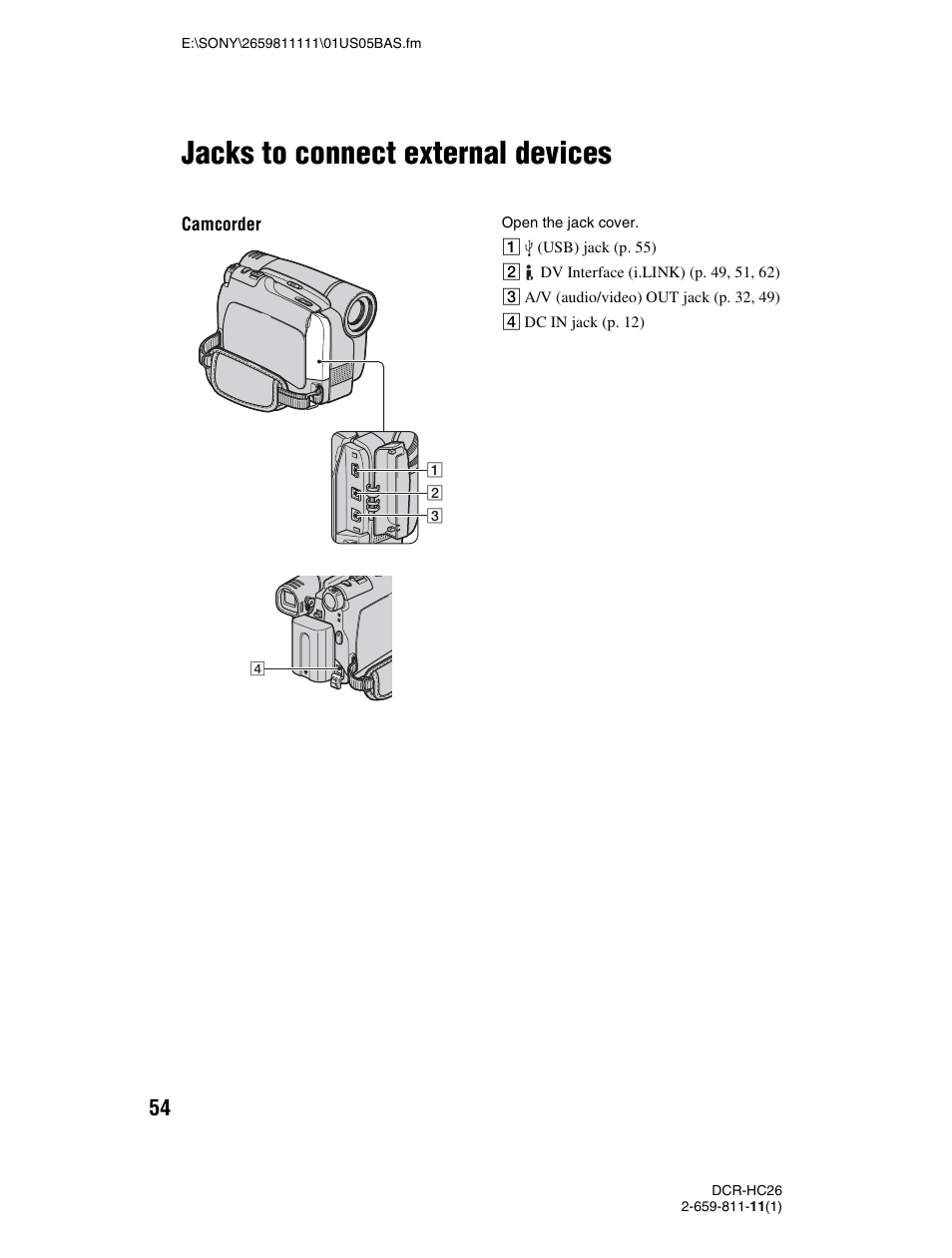 Jacks to connect external devices | Sony DCR-HC26 User Manual | Page 54 / 92