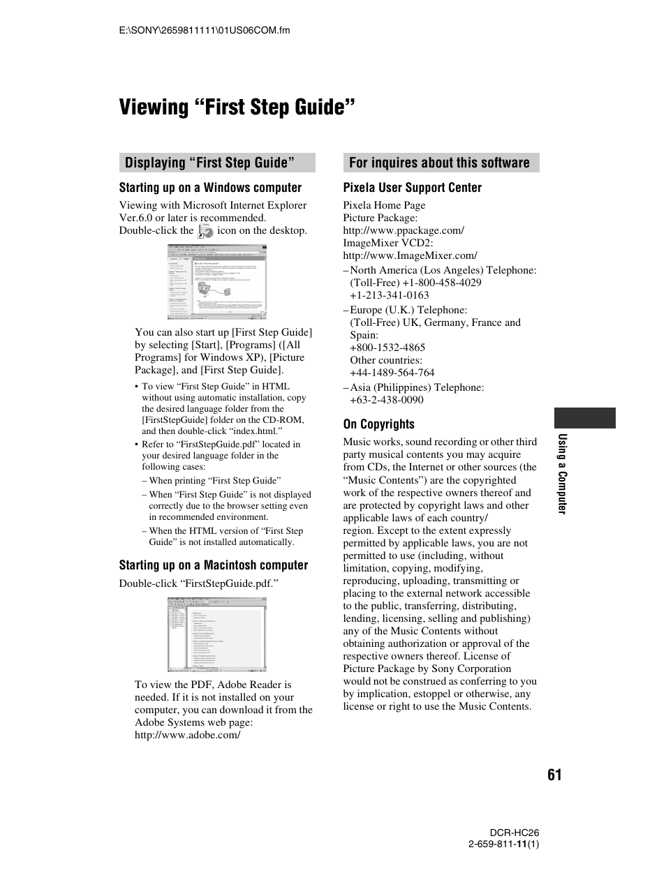 Viewing “first step guide, S (p. 61), Displaying “first step guide | For inquires about this software | Sony DCR-HC26 User Manual | Page 61 / 92