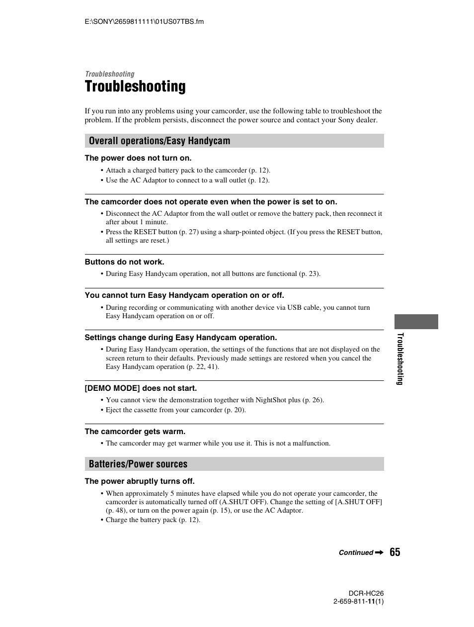 Troubleshooting | Sony DCR-HC26 User Manual | Page 65 / 92