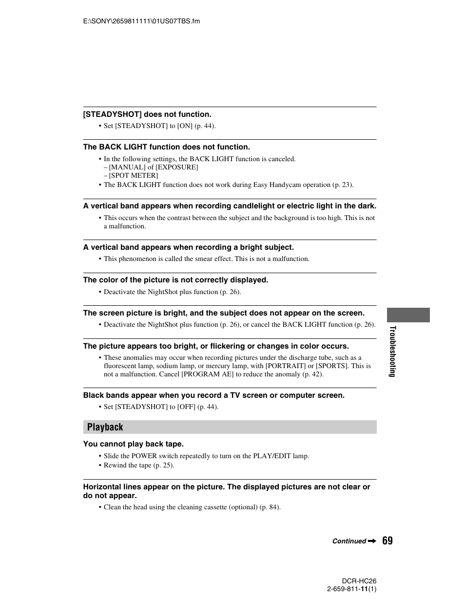 Playback | Sony DCR-HC26 User Manual | Page 69 / 92