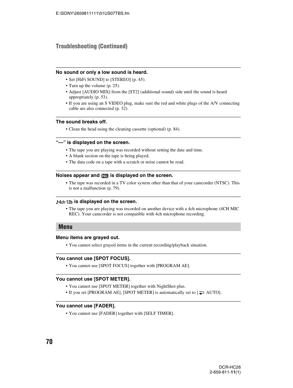 Menu” (p. 70), Menu troubleshooting (continued) | Sony DCR-HC26 User Manual | Page 70 / 92