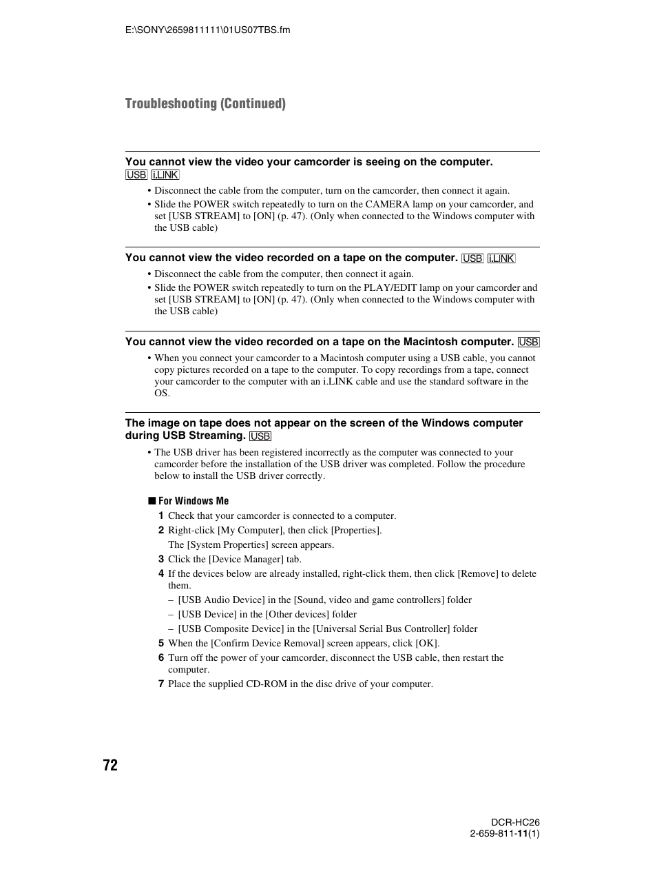 Troubleshooting (continued) | Sony DCR-HC26 User Manual | Page 72 / 92
