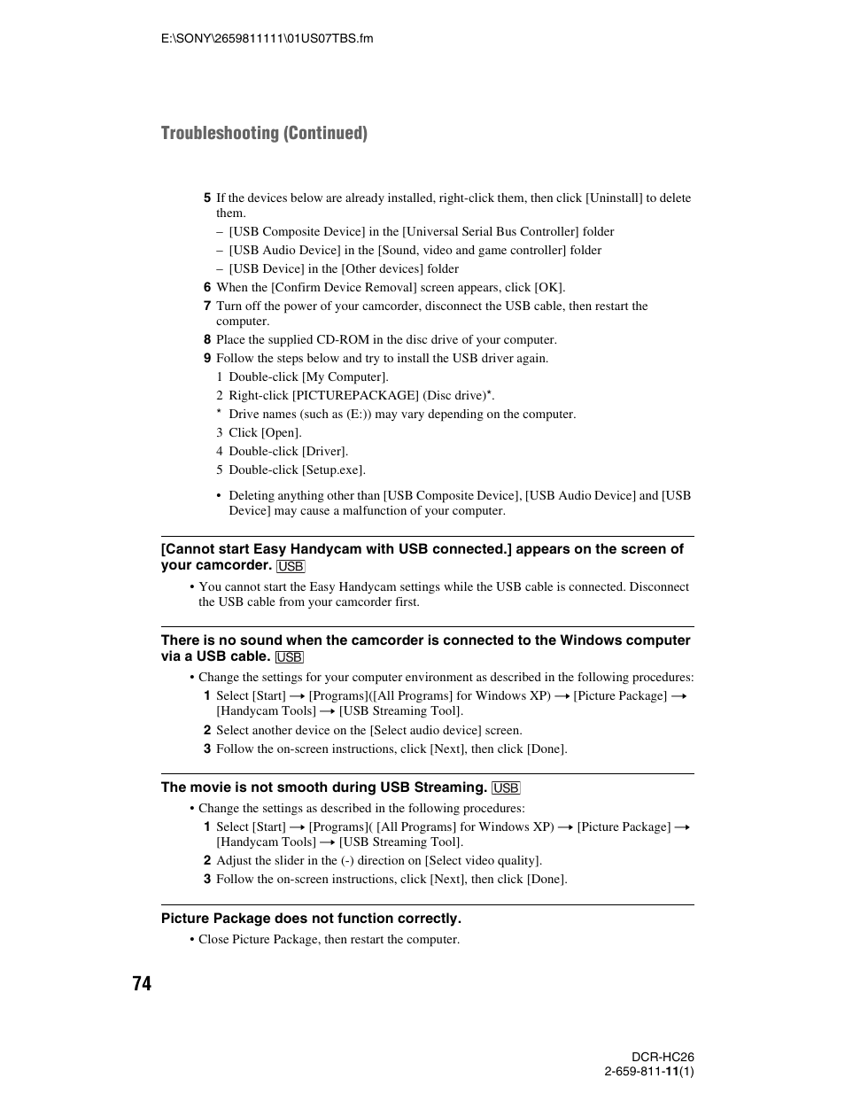 Troubleshooting (continued) | Sony DCR-HC26 User Manual | Page 74 / 92