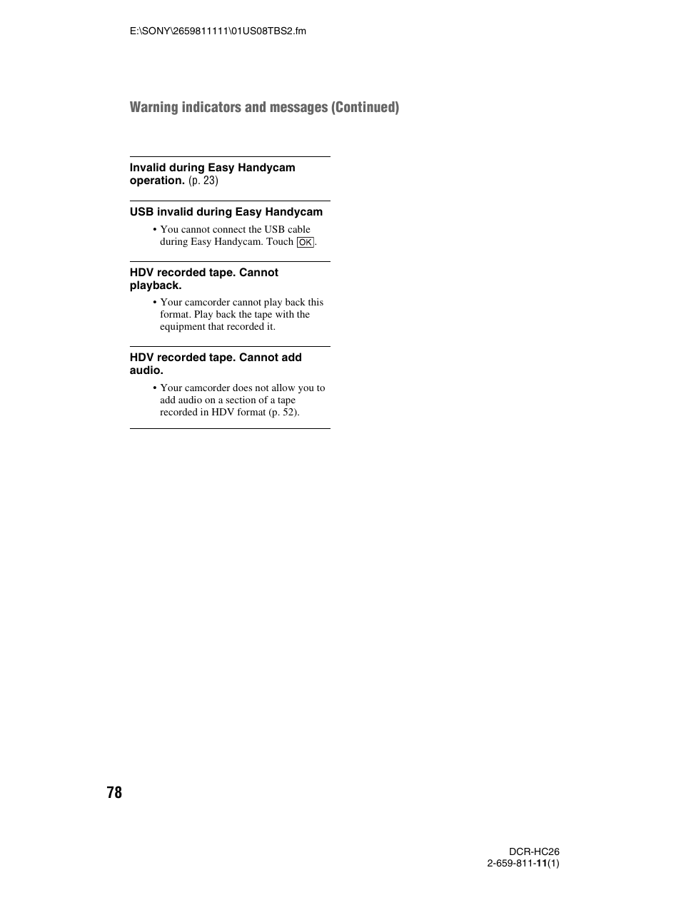 Warning indicators and messages (continued) | Sony DCR-HC26 User Manual | Page 78 / 92