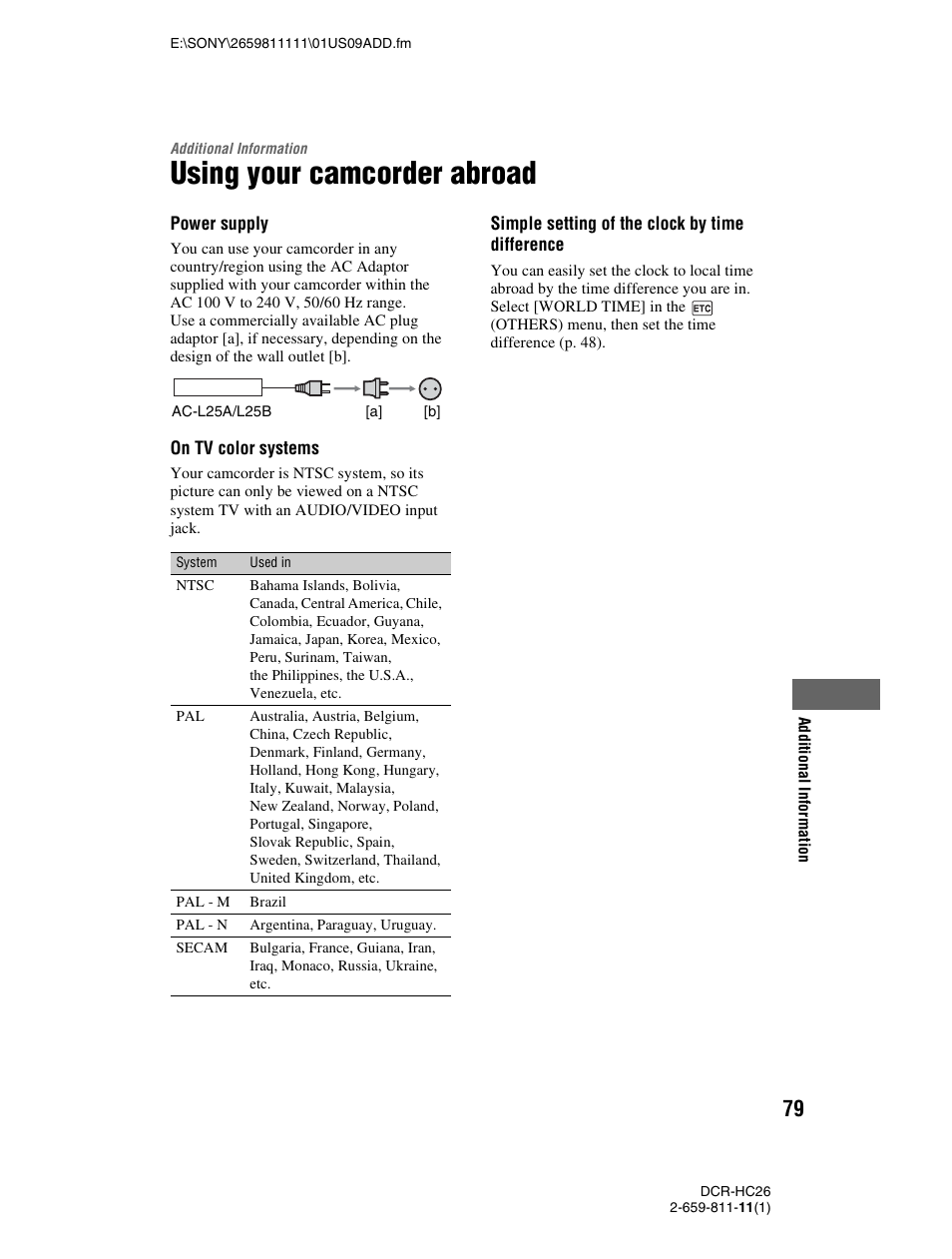 Additional information, Using your camcorder abroad, P. 79) | Sony DCR-HC26 User Manual | Page 79 / 92