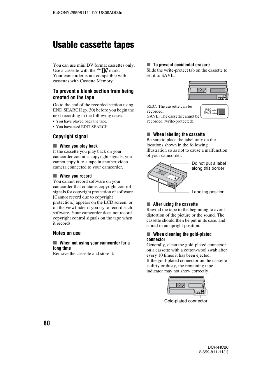 Usable cassette tapes, P. 80), P. 80 | Sony DCR-HC26 User Manual | Page 80 / 92