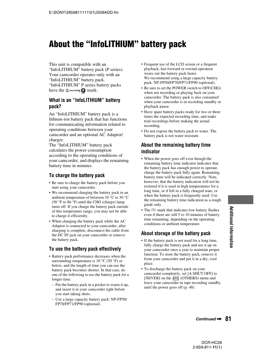 About the “infolithium” battery pack, P. 81), What is an “infolithium” battery pack | About the remaining battery time indicator, About storage of the battery pack | Sony DCR-HC26 User Manual | Page 81 / 92