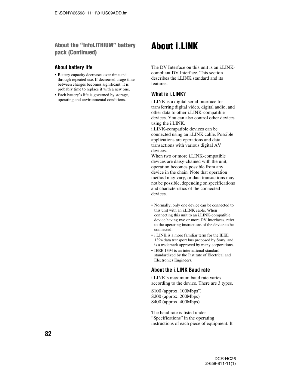 About i.link, About the “infolithium” battery pack (continued) | Sony DCR-HC26 User Manual | Page 82 / 92