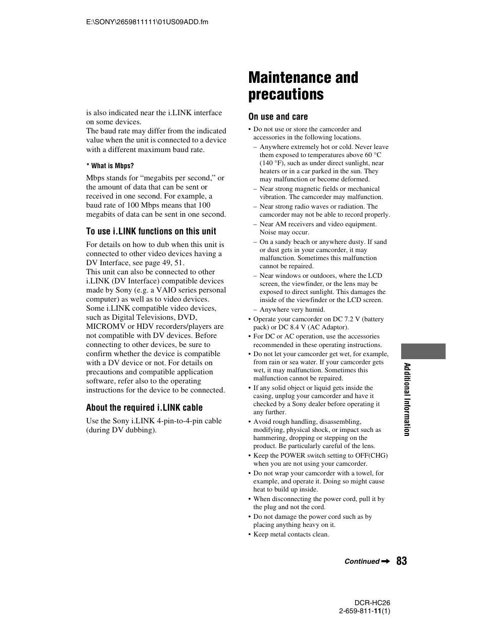 Maintenance and precautions, About the required i.link cable, On use and care | Sony DCR-HC26 User Manual | Page 83 / 92