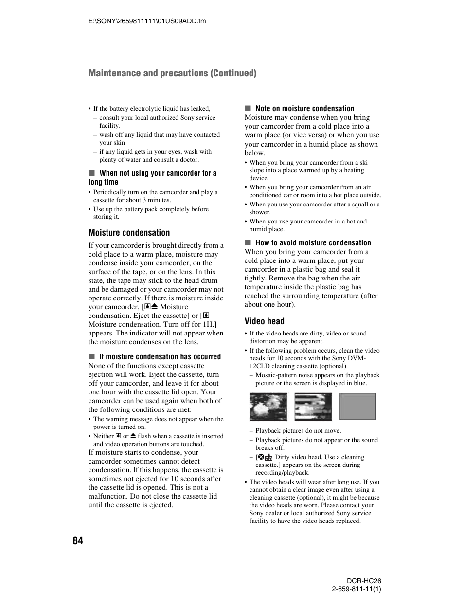 P. 84, P. 84), Maintenance and precautions (continued) | Moisture condensation, Video head | Sony DCR-HC26 User Manual | Page 84 / 92
