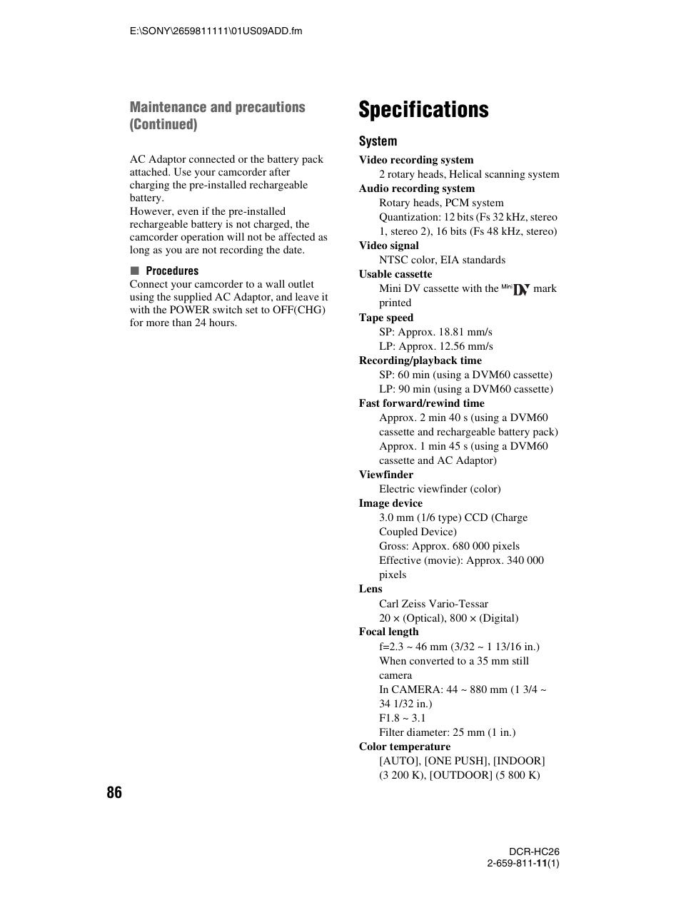Specifications | Sony DCR-HC26 User Manual | Page 86 / 92