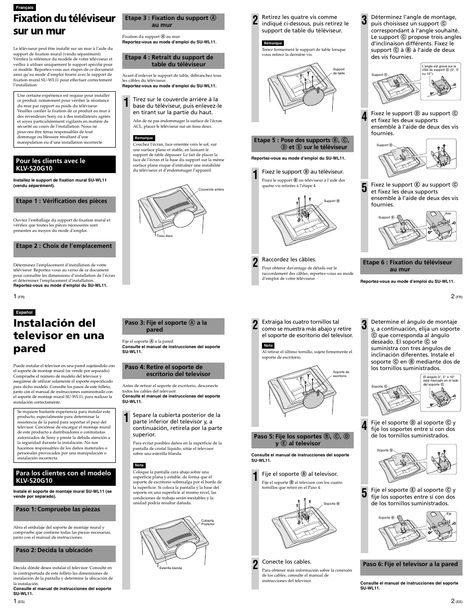 Fixation du téléviseur sur un mur, Instalación del televisor en una pared | Sony KLV-S20G10 User Manual | Page 2 / 2