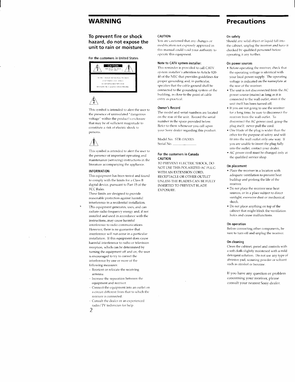 Precautions, Warning precautions | Sony STR-DA30ES User Manual | Page 2 / 51