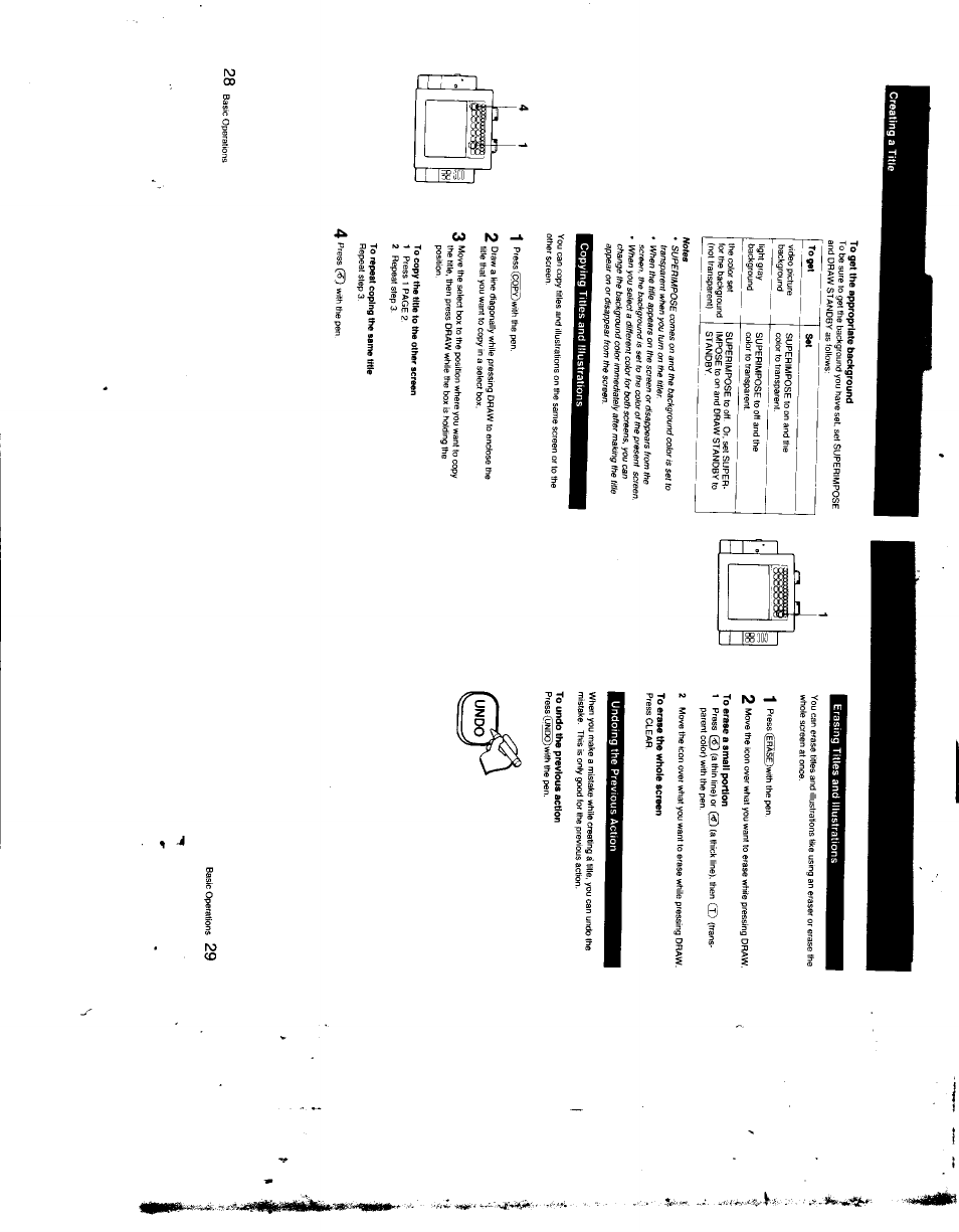 To copy the title to ttie other screen, To repeal coping the seme title, To get the appropriate background | Copying titles and illustration, To erase a small portion, To erase the whole screen, Undoing the previous action, To undo the previous action | Sony XV-T33 User Manual | Page 15 / 20