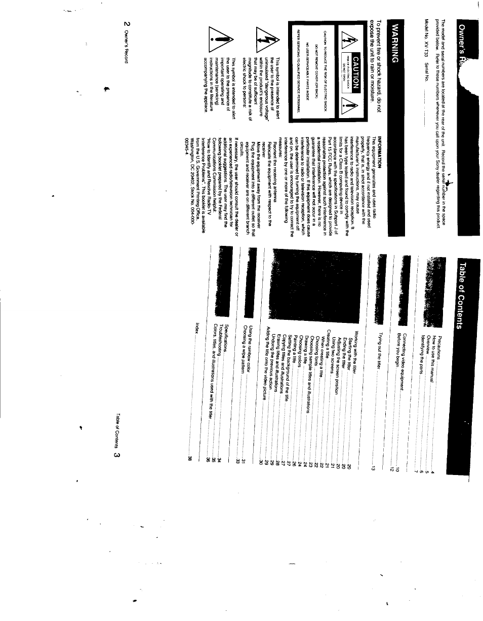 Of contents, Warning | Sony XV-T33 User Manual | Page 2 / 20