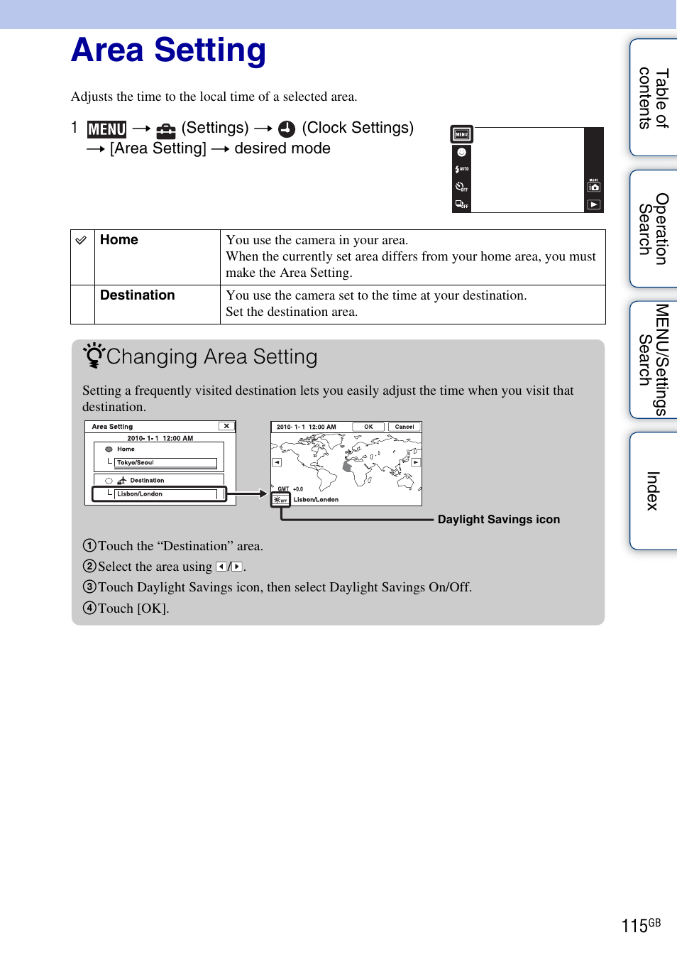 Area setting, Changing area setting | Sony DSC-TX5 User Manual | Page 115 / 150