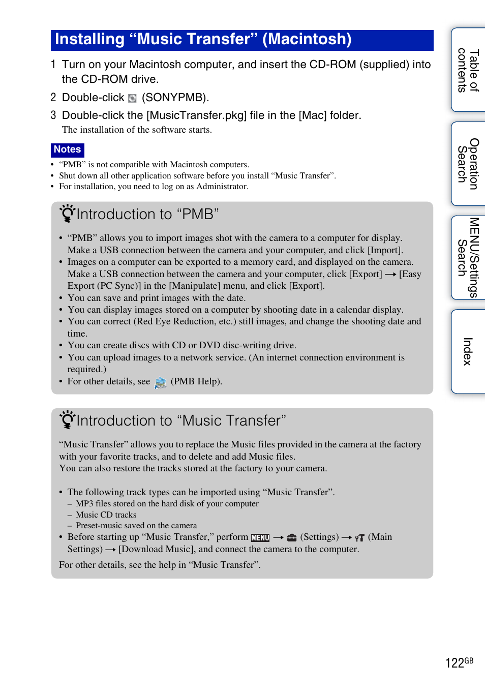Installing “music transfer” (macintosh), Introduction to “pmb, Introduction to “music transfer | Sony DSC-TX5 User Manual | Page 122 / 150