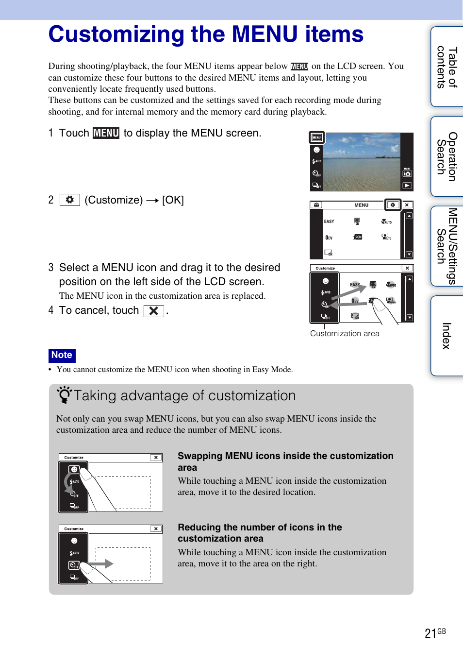 Customizing the menu items, Taking advantage of customization | Sony DSC-TX5 User Manual | Page 21 / 150
