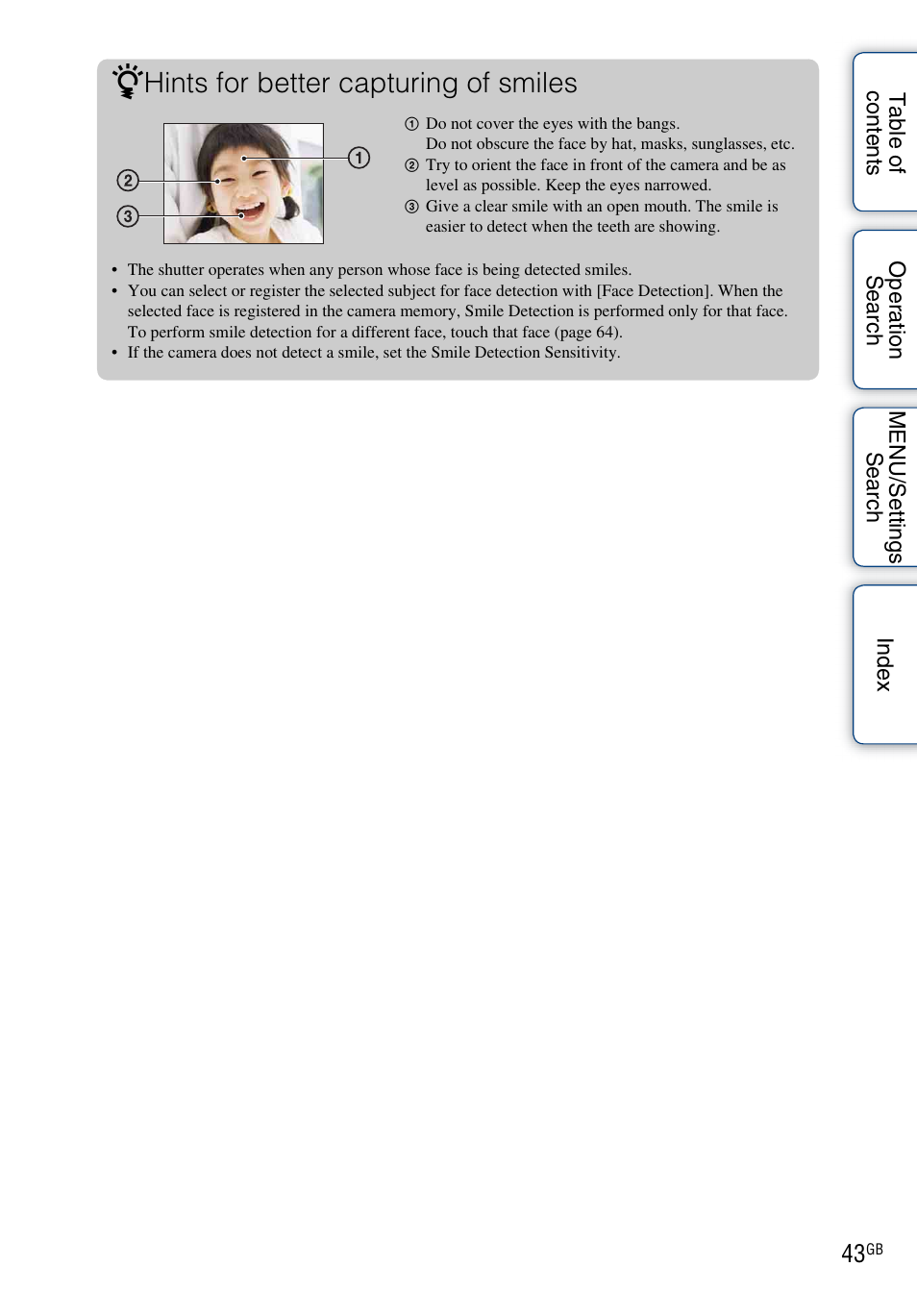 Hints for better capturing of smiles | Sony DSC-TX5 User Manual | Page 43 / 150