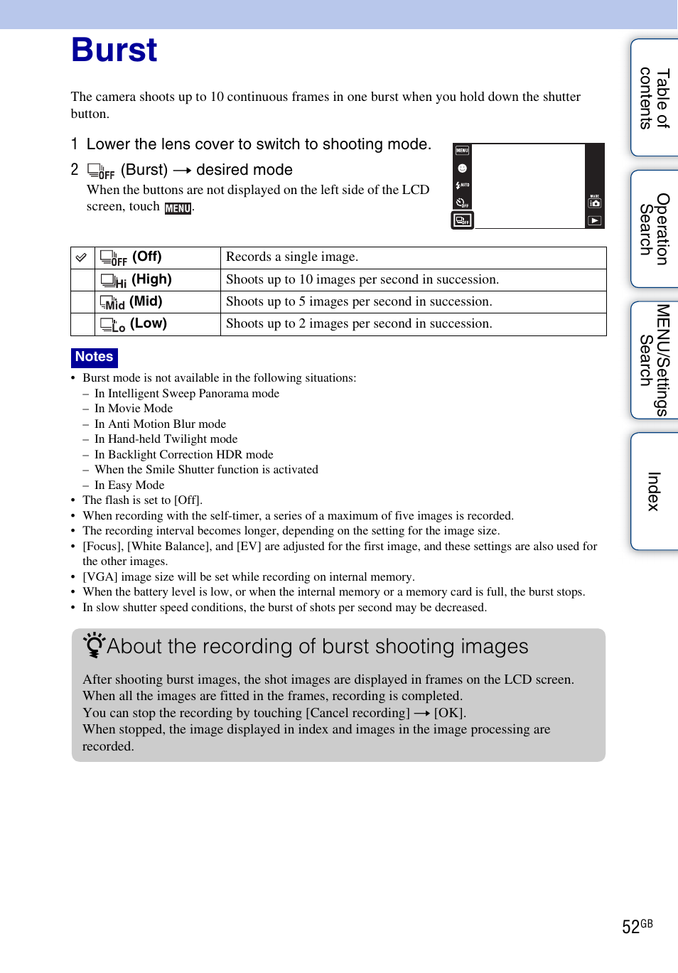 Burst, About the recording of burst shooting images | Sony DSC-TX5 User Manual | Page 52 / 150