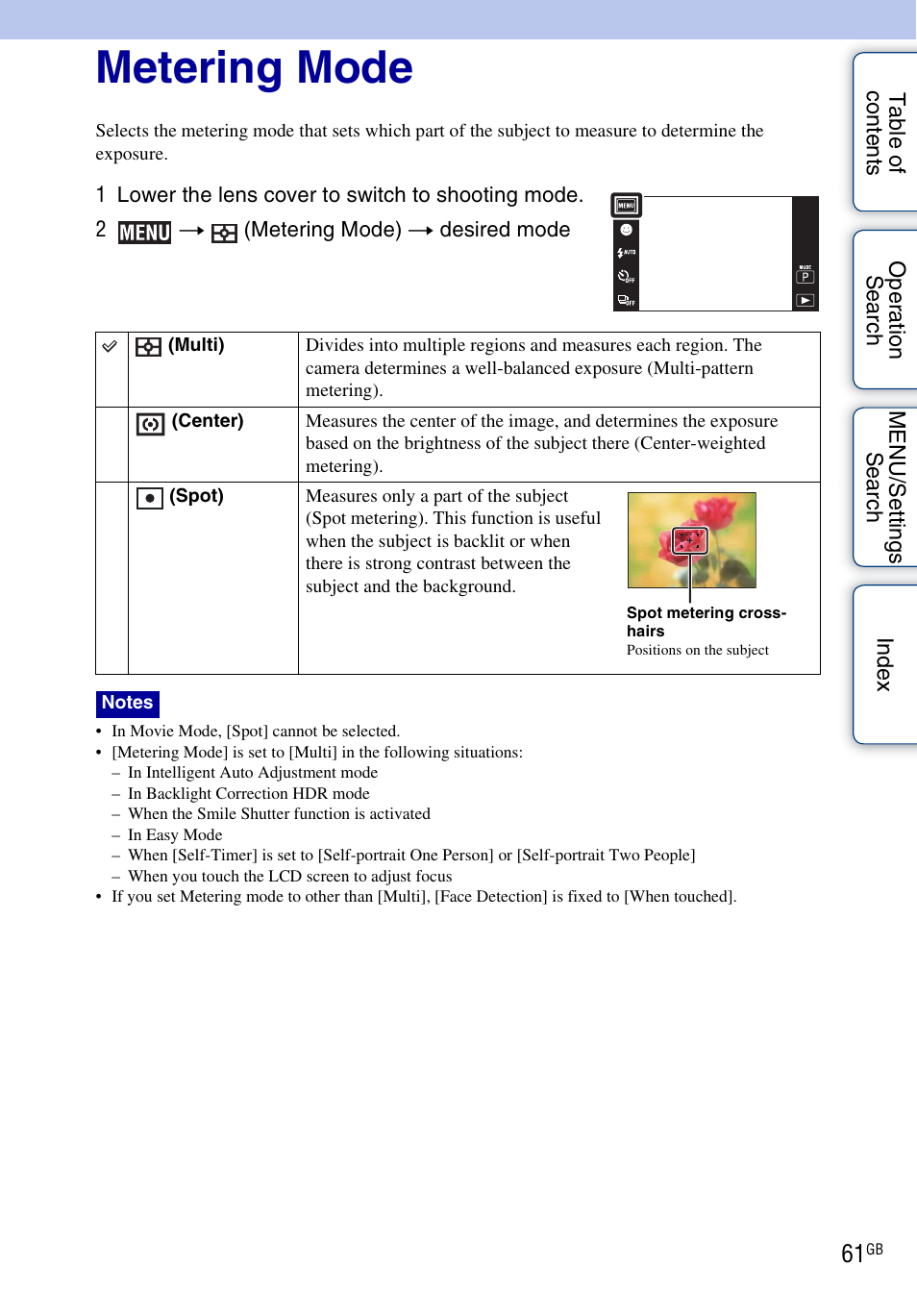 Metering mode | Sony DSC-TX5 User Manual | Page 61 / 150