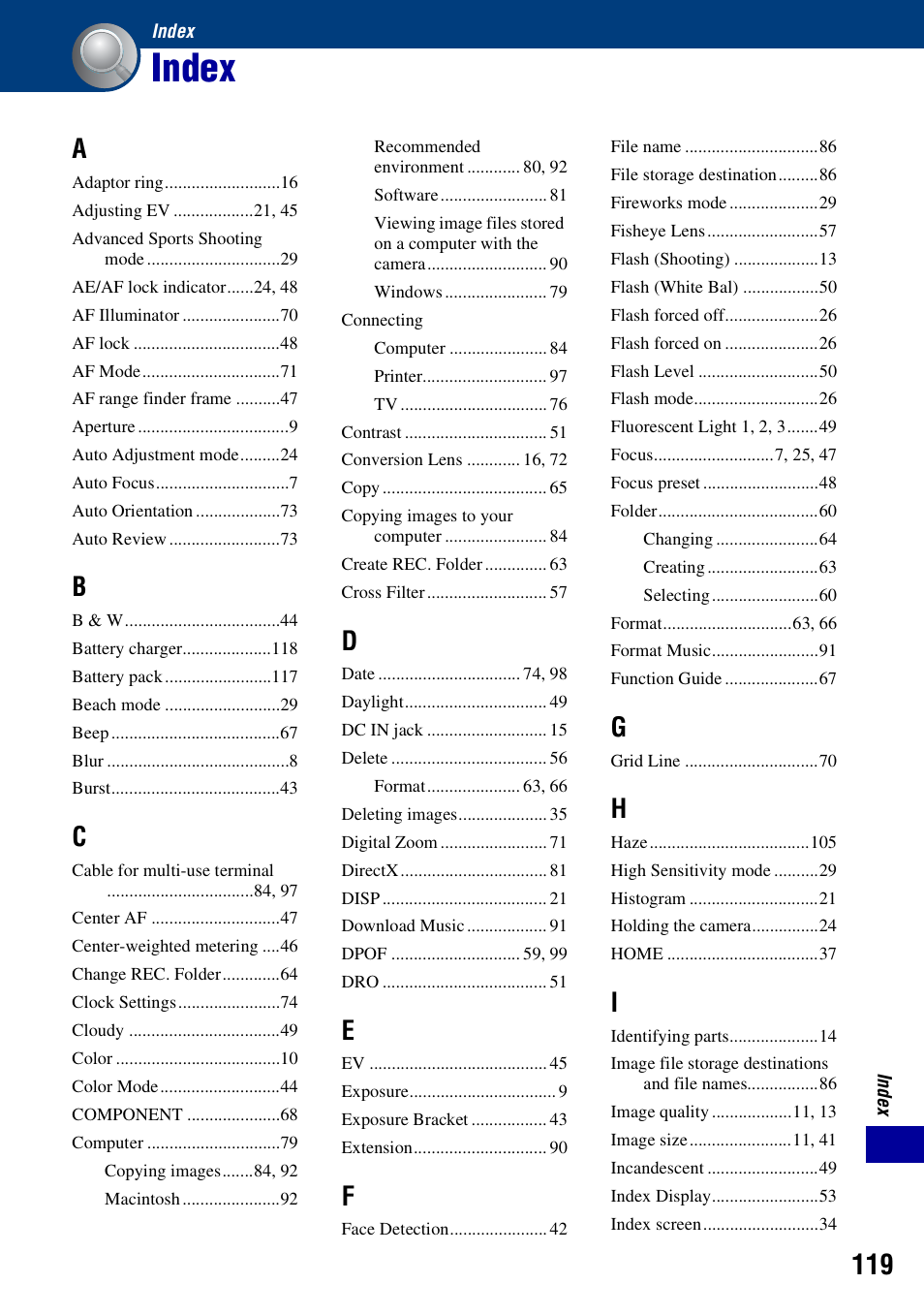 Index | Sony DSC-H10 User Manual | Page 119 / 123
