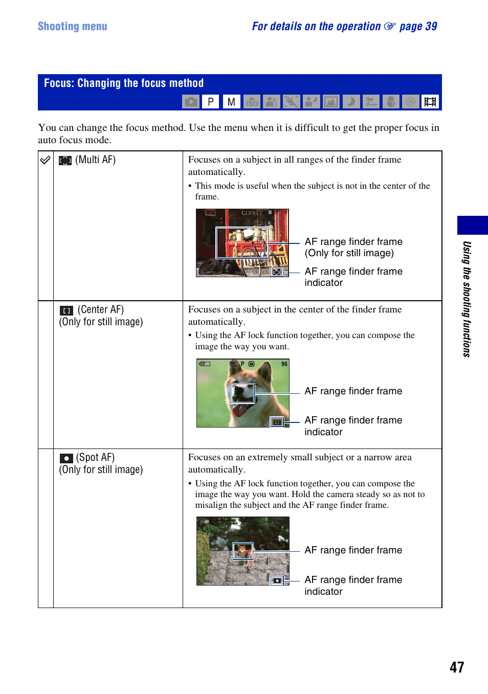 Focus: changing the focus method | Sony DSC-H10 User Manual | Page 47 / 123