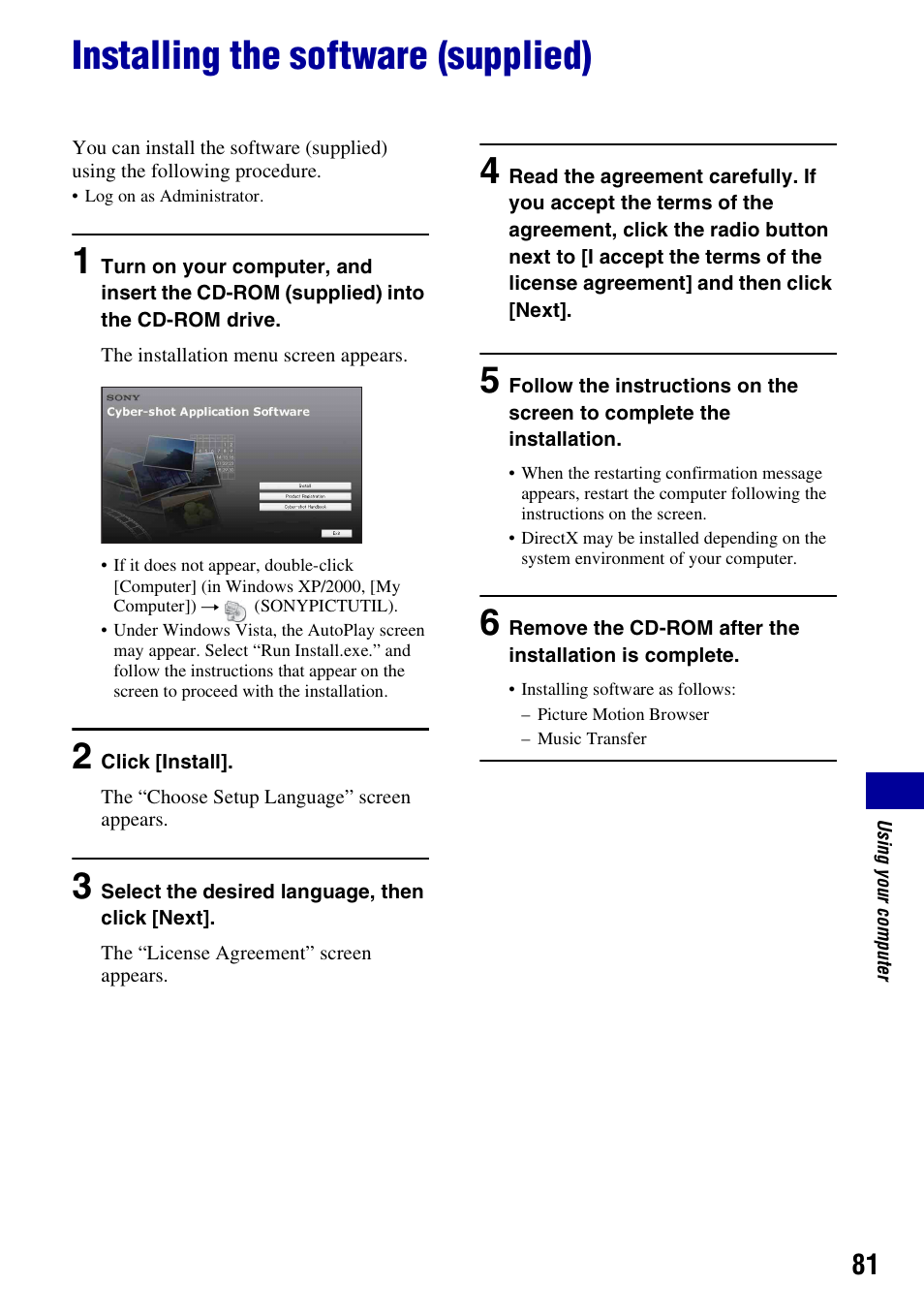 Installing the software (supplied) | Sony DSC-H10 User Manual | Page 81 / 123