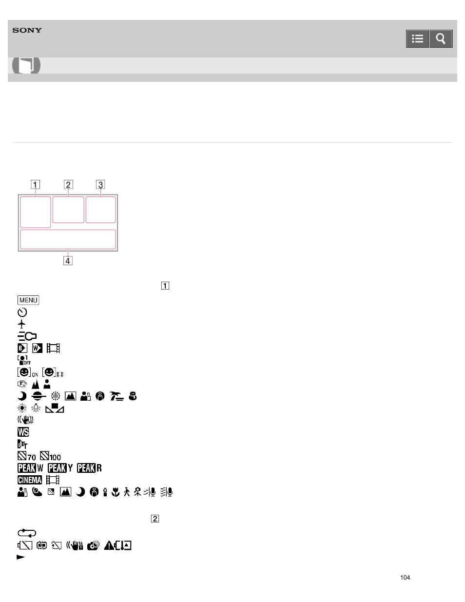 Screen indicators, Help guide | Sony HDR-PJ810 User Manual | Page 104 / 416