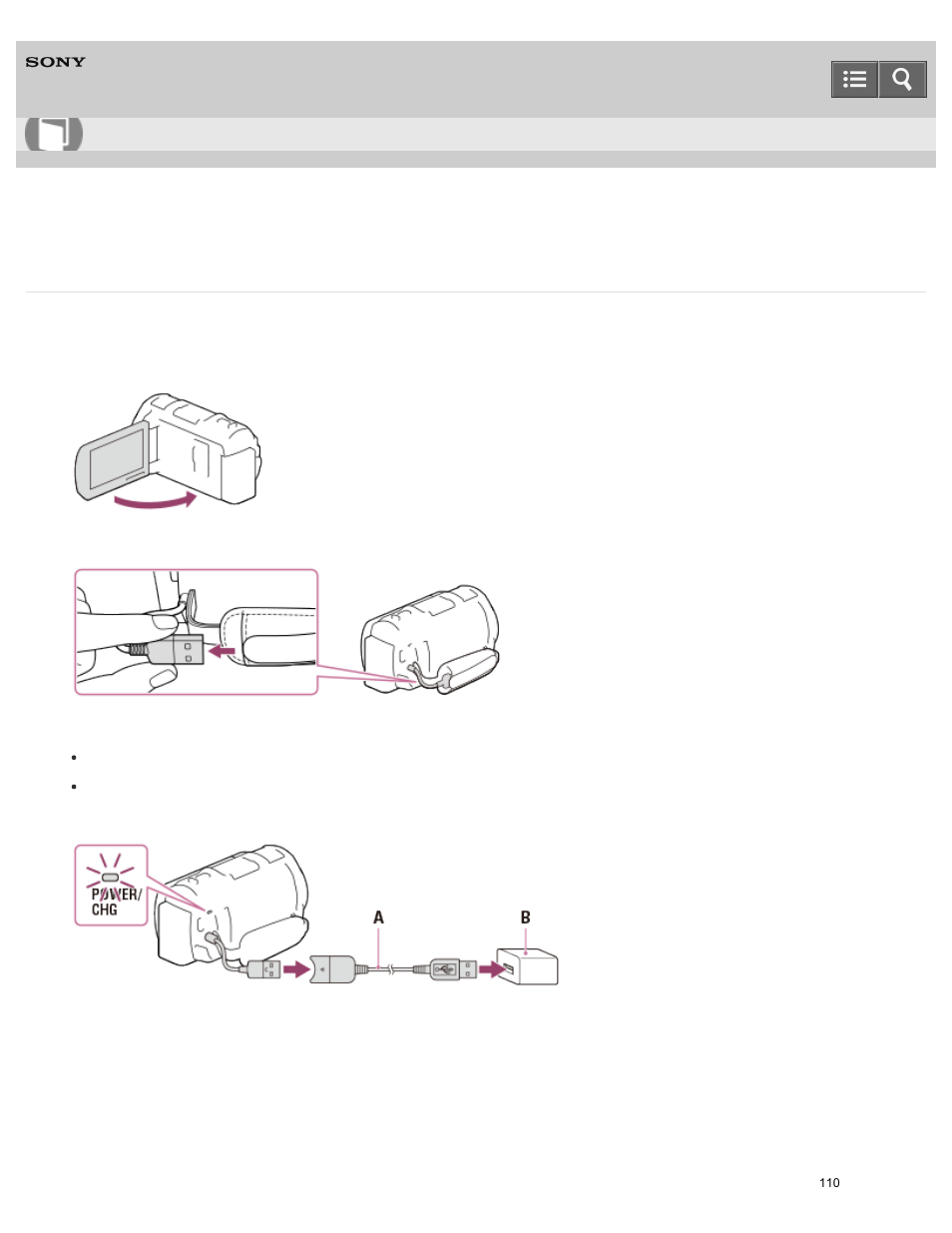 Charging the battery pack using the ac adaptor, Help guide | Sony HDR-PJ810 User Manual | Page 110 / 416