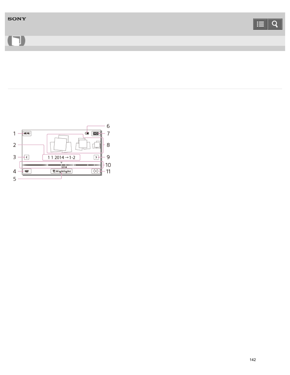 Screen display on the event view screen, Explains the event view screen, Help guide | Sony HDR-PJ810 User Manual | Page 142 / 416