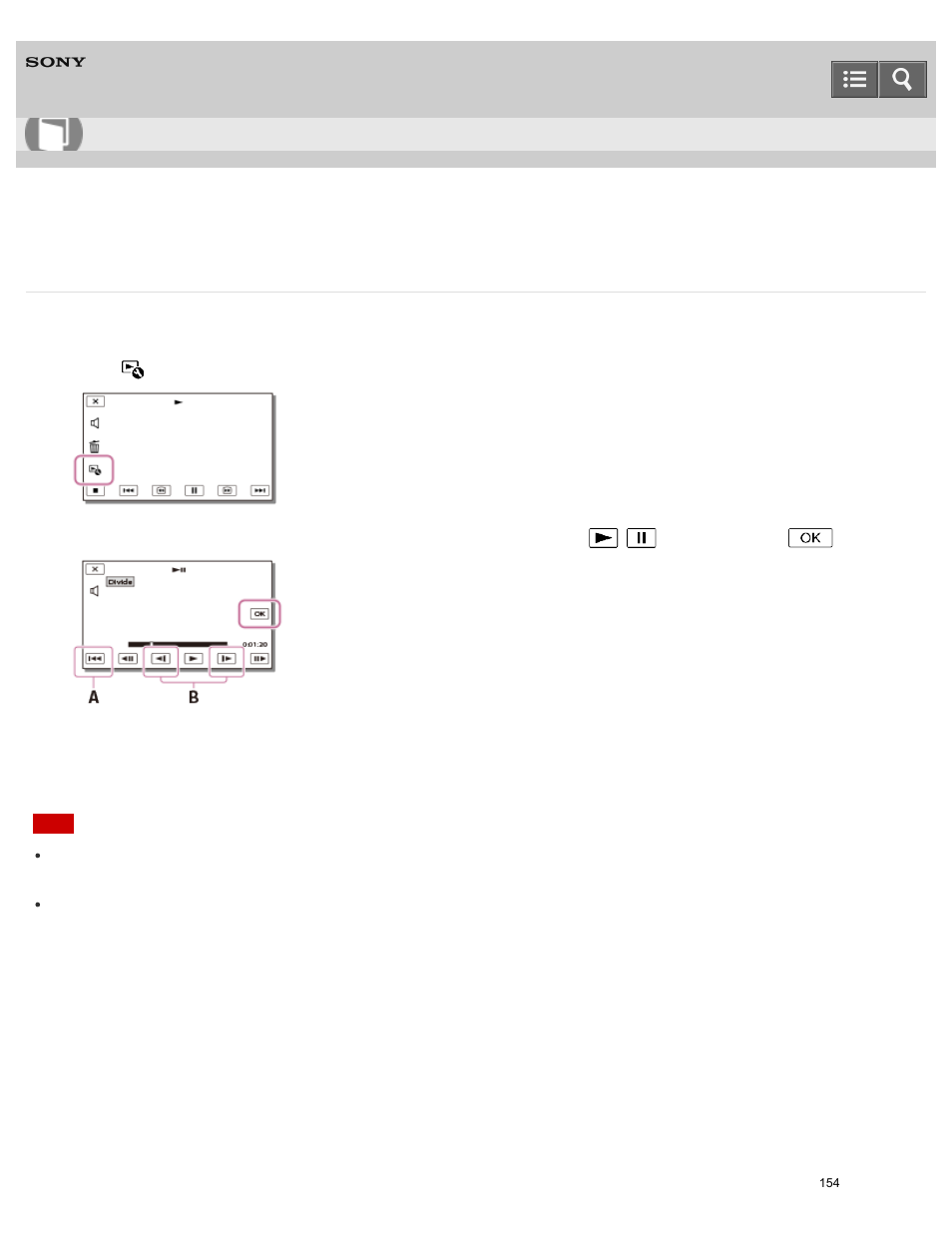 Dividing a movie, Split a recorded movie at your desired point, Help guide | Sony HDR-PJ810 User Manual | Page 154 / 416