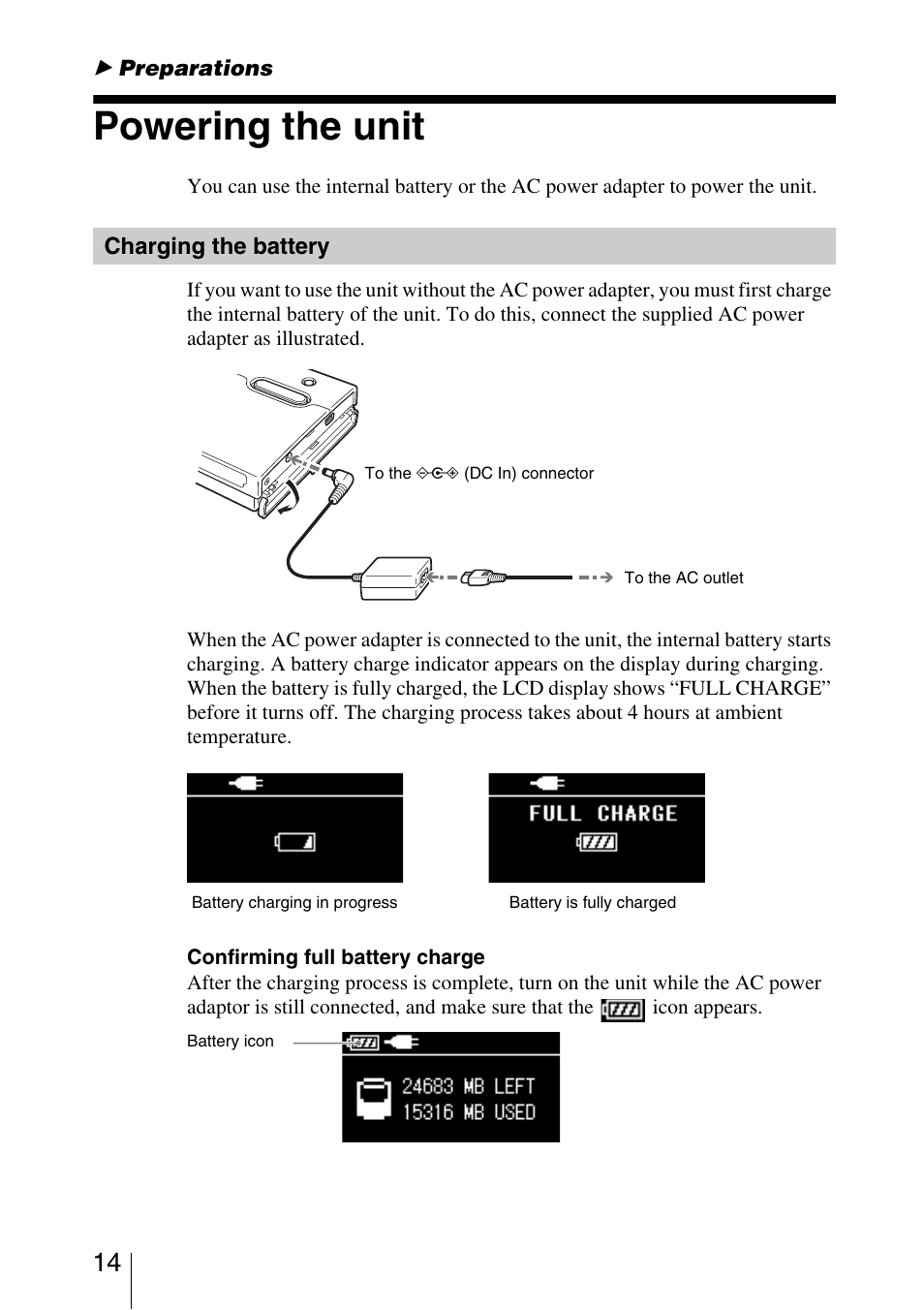 B preparations, Powering the unit, Charging the battery | Preparations | Sony HDPS-M10 User Manual | Page 14 / 53