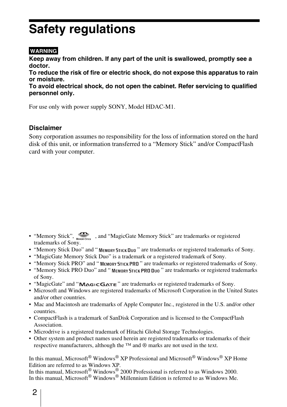 Safety regulations | Sony HDPS-M10 User Manual | Page 2 / 53