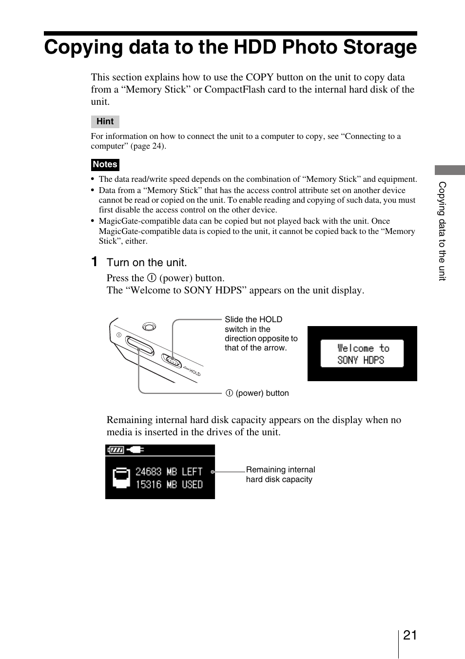 Copying data to the hdd photo storage | Sony HDPS-M10 User Manual | Page 21 / 53