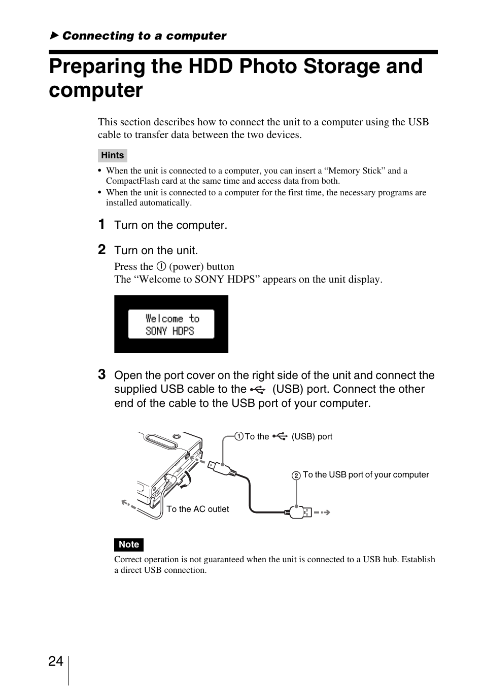 B connecting to a computer, Preparing the hdd photo storage and computer, Connecting to a computer | Sony HDPS-M10 User Manual | Page 24 / 53